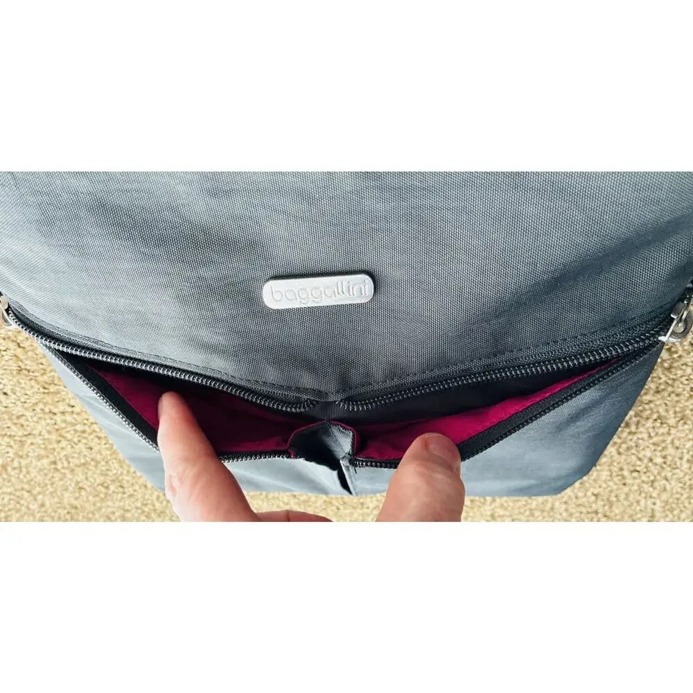 Baggalini Horizon Gray Bag has Pkts,Slip Pkt Zippers Hot Pink Lining Crossbody - Picture 3 of 8